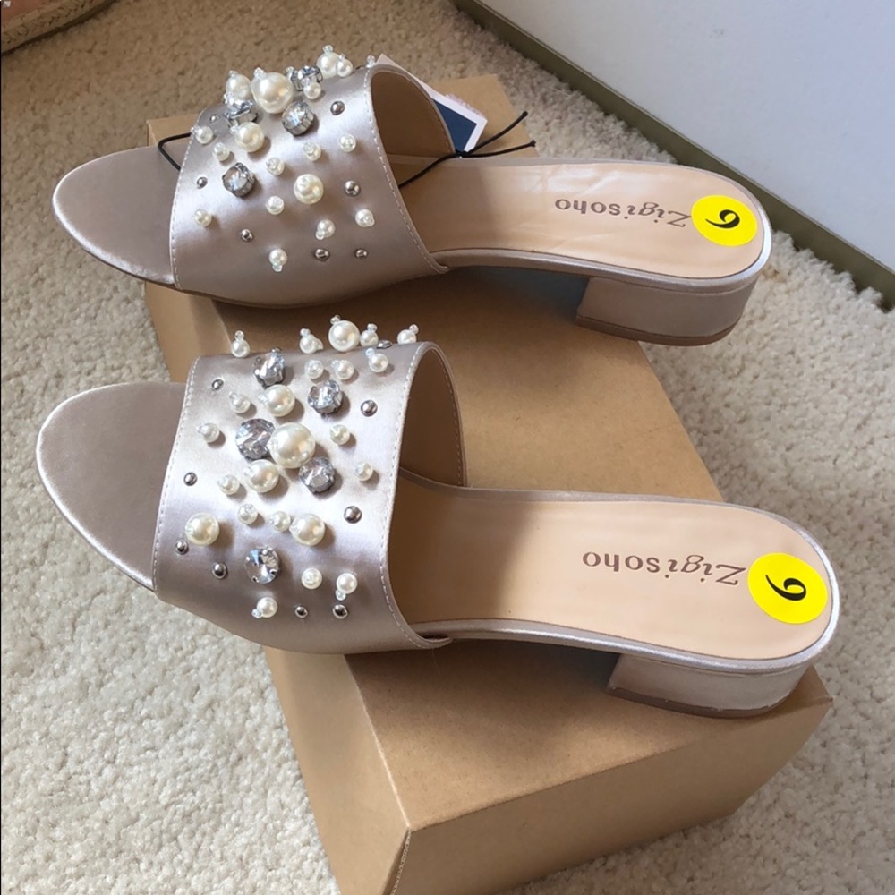 Pearl and rhinestone block heels sandals